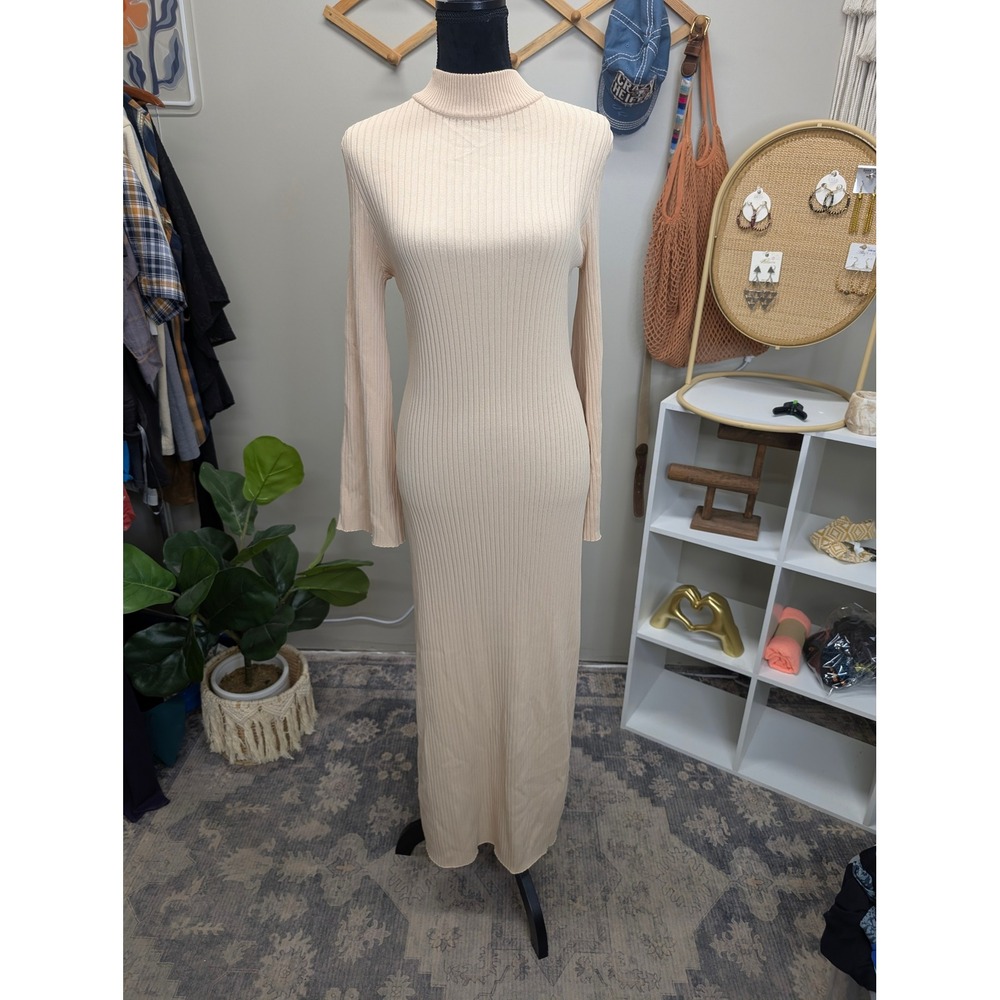 Line & Dot Beige Ribbed Mock Neck Bell Sleeve Maxi Dress NWT Size M